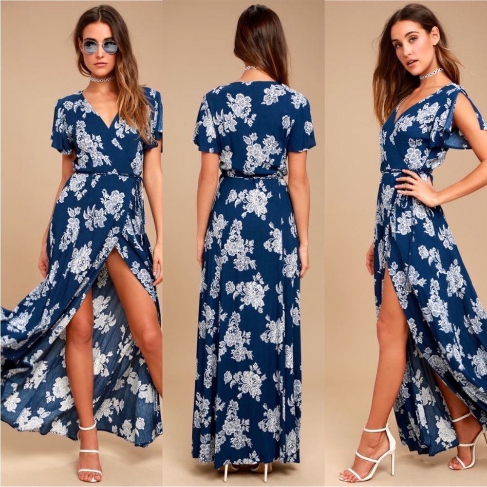 Lulus, blue, floral, wrap, maxi-dress